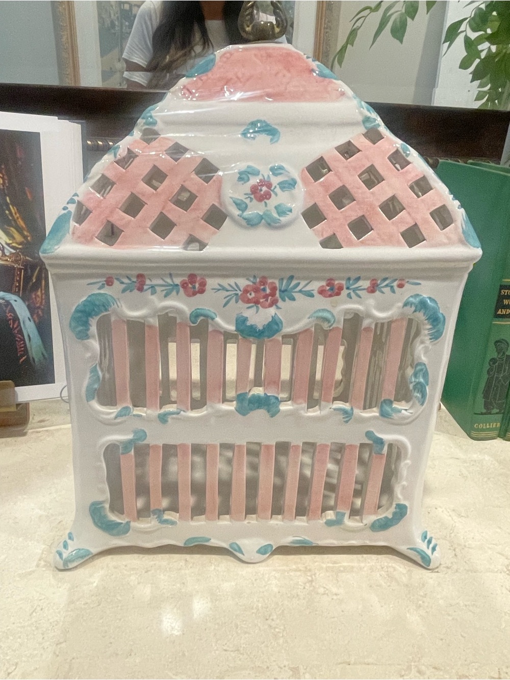 Vintage Pastel Ceramic Birdcage Decorative Box - Pink & Aqua